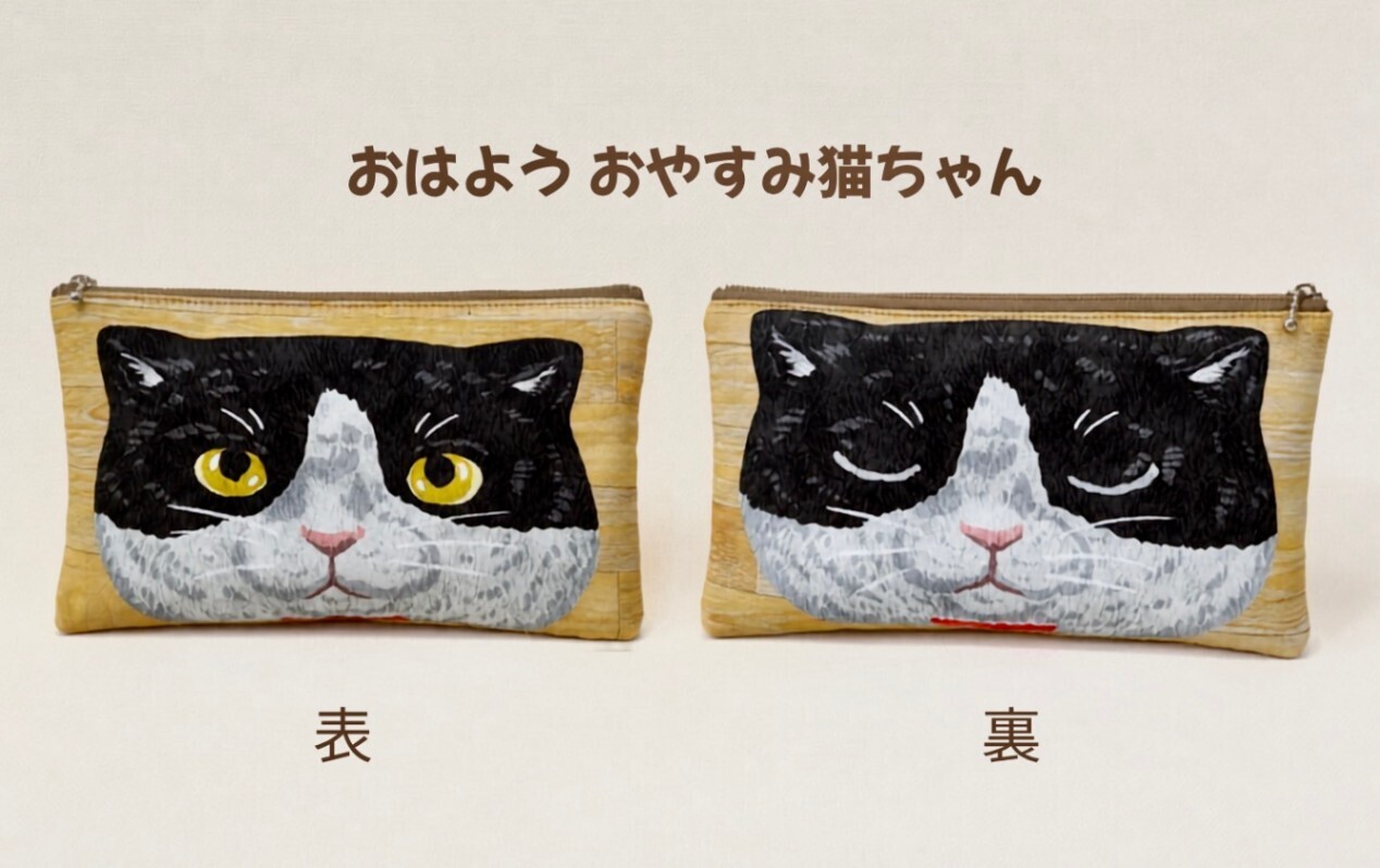 ふわっふわ💕手触りの猫ちゃんポーチ｜表はおはよう・裏はおやすみ・内ポケット付き