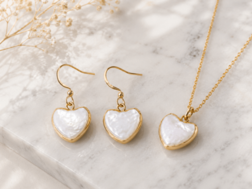 服袋 14kgf ハートバロックパール ネックレス＆ピアスセット 天然パール