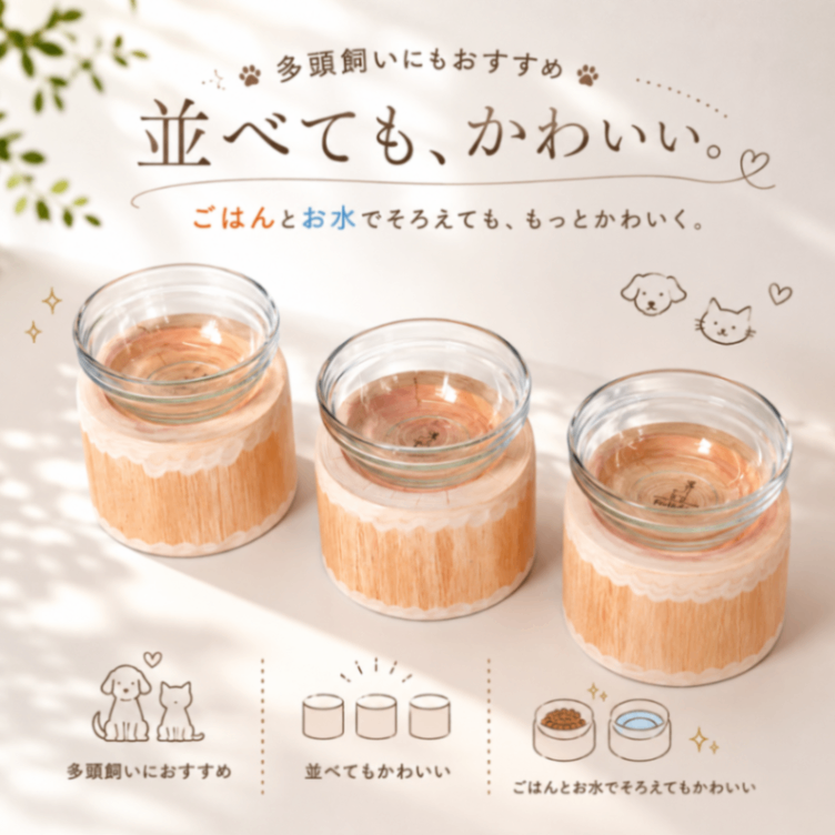 アート加工ヒノキ　ログボウル　ガラスボウル付　ペットテーブル　ごはん台　水入れ　フードボウル　餌台　