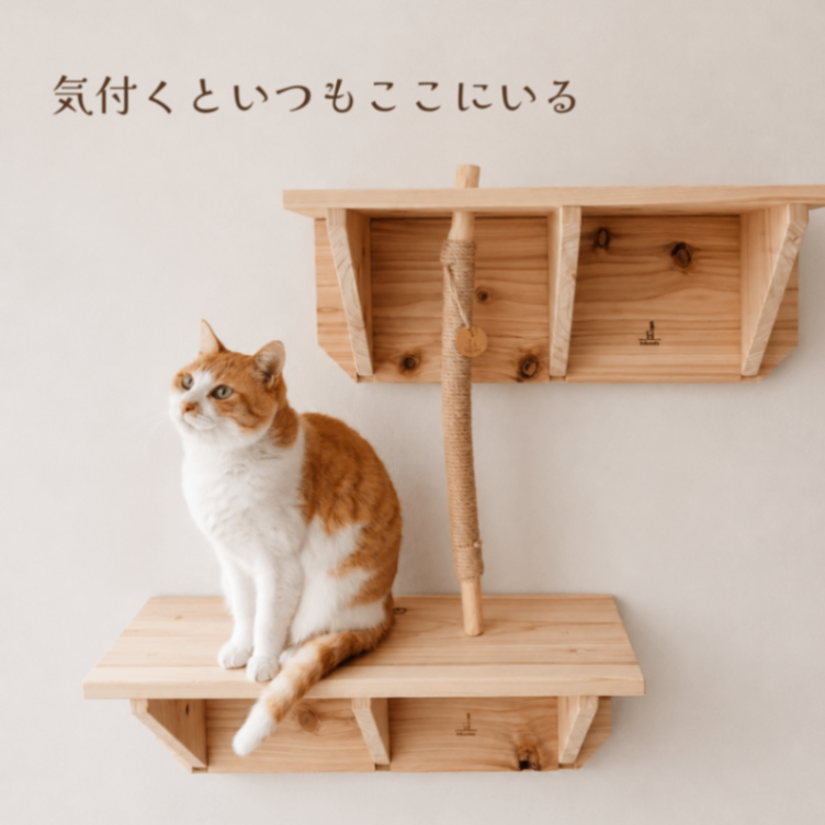 国産無垢材 キャットステップ 爪とぎ棒セット 壁付け 石膏ボード対応 猫用 キャットウォーク 木製 