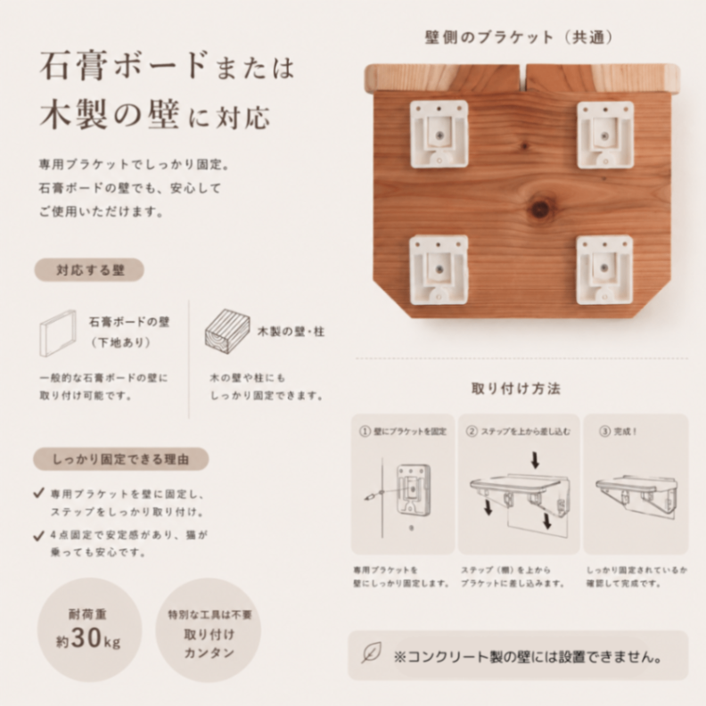 国産無垢材 キャットステップ 爪とぎ棒セット 壁付け 石膏ボード対応 猫用 キャットウォーク 木製 
