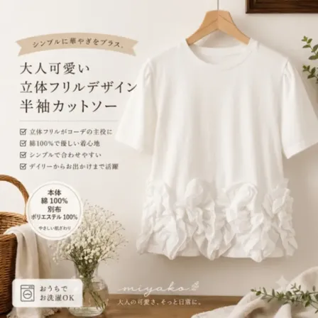 可愛い　立体フリルデザイン 半袖Tシャツ　ホワイト　M〜L対応
