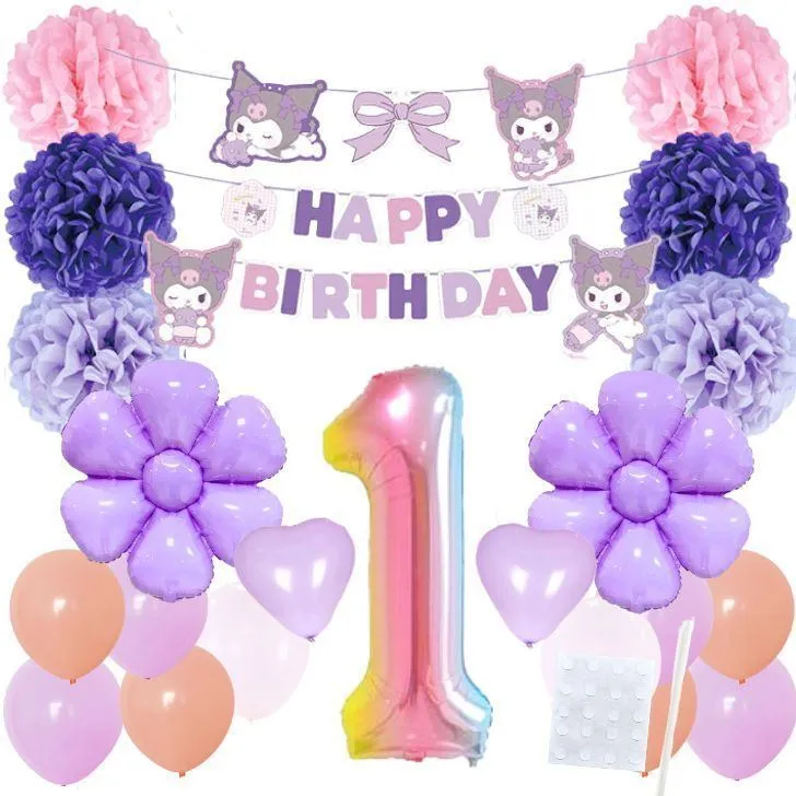 数字が選べる♪ クロミ ガーランドフラワーポム 風船 誕生日 飾り付けセット バルーン