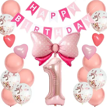 数字が選べる♪ リボン ピンク 風船 誕生日 飾り付けセット バルーン