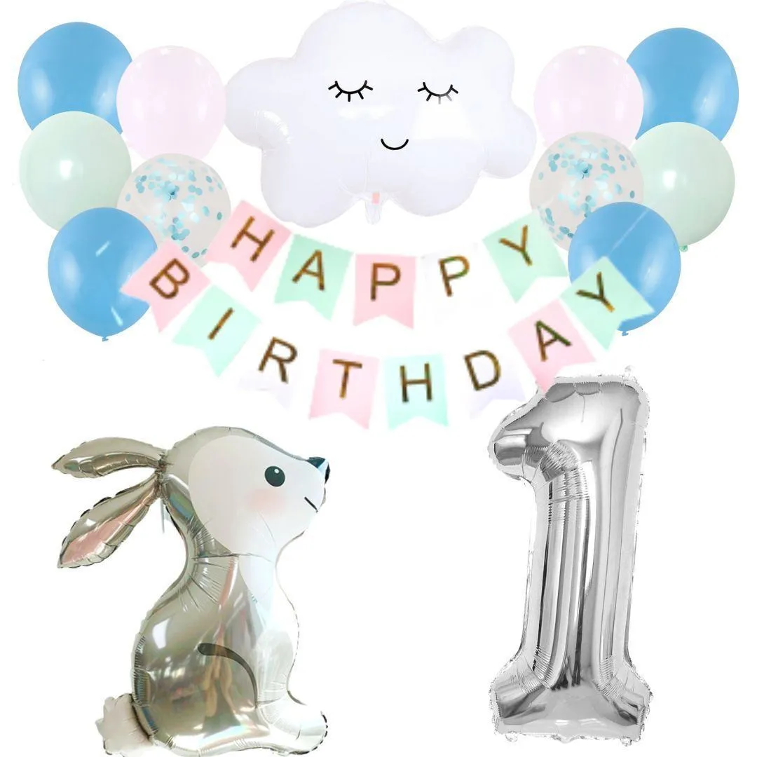 数字が選べる♪ うさぎ雲 ブルー 風船 誕生日 飾り付けセット バルーン