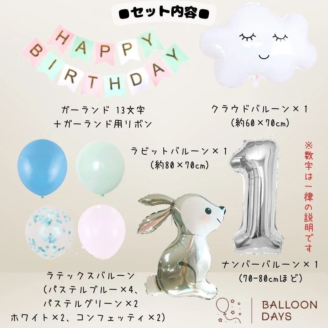 数字が選べる♪ うさぎ雲 ブルー 風船 誕生日 飾り付けセット バルーン