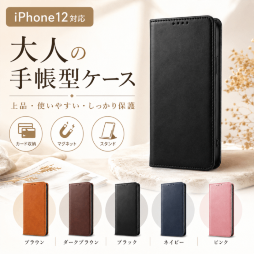 iPhone12 ケース iPhoneケース 手帳型 ケース マグネット付 1501BK12