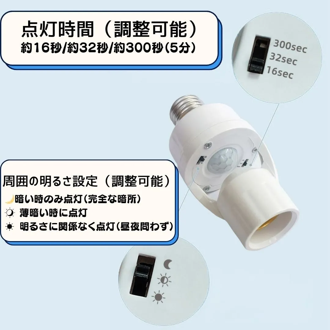 工事不要 人感センサー 電球ソケット 多機能タイプ E26 E27 配線不要 赤外線センサー 自動