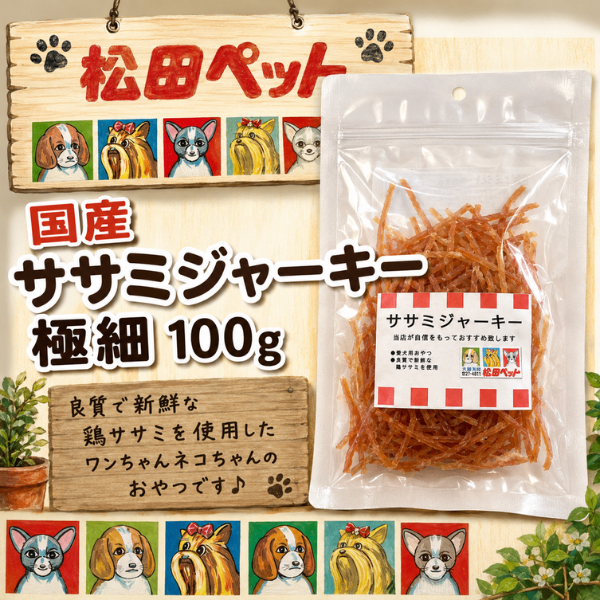  国産 若鶏  ササミジャーキー ソフトタイプ 極細 100g 新潟県 松田ペット 例の看板の店