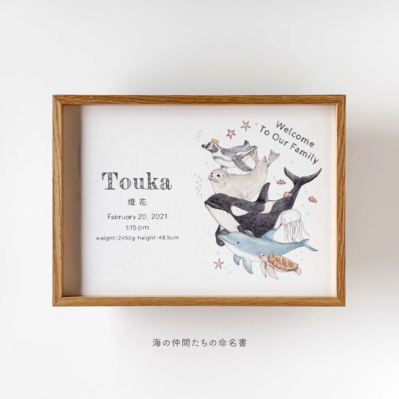 【ギフト仕様】フレーム付・A4海の仲間たちの命名書＊箱を開けたらそのまま飾れる＊出産お祝い