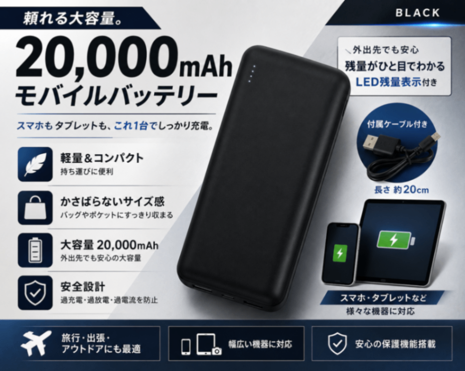 モバイルバッテリー パワーバンク 大容量 20000mah （ブラック）ケーブル