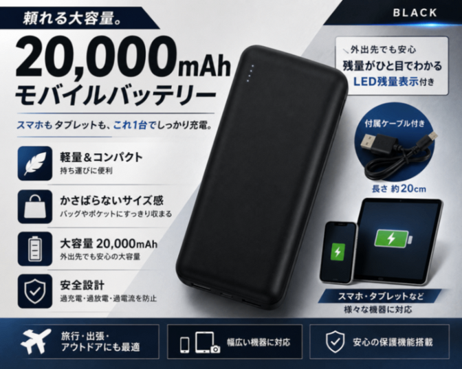 モバイルバッテリー パワーバンク 大容量 20000mah （ブラック）ケーブル
