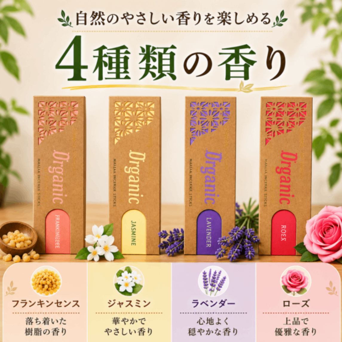 【40本入り】天然素材とオーガニック原料にこだわったお香 4種セット｜合成香料不使用・竹芯タイプ