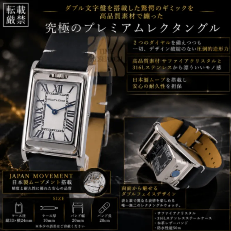 驚愕のギミックに高品質素材を纏ったハイエンドレクタングル【W文字盤/新品】黒革