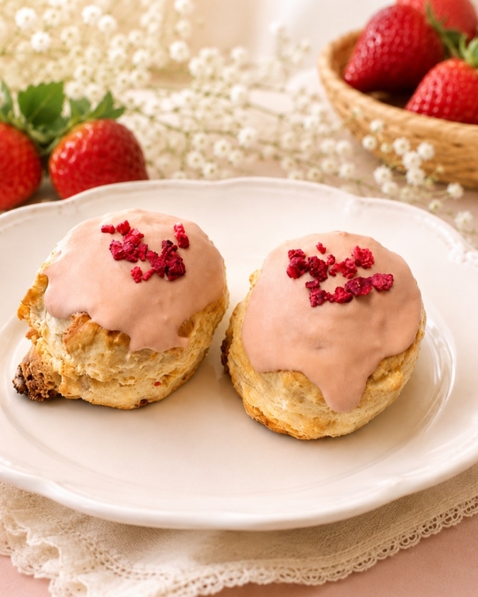 🍓いちご農家ゆうさんコラボ🍓高級いちご紅ほっぺと有機ホワイトチョコのスコーン３個🩷とプレーン３個🧈
