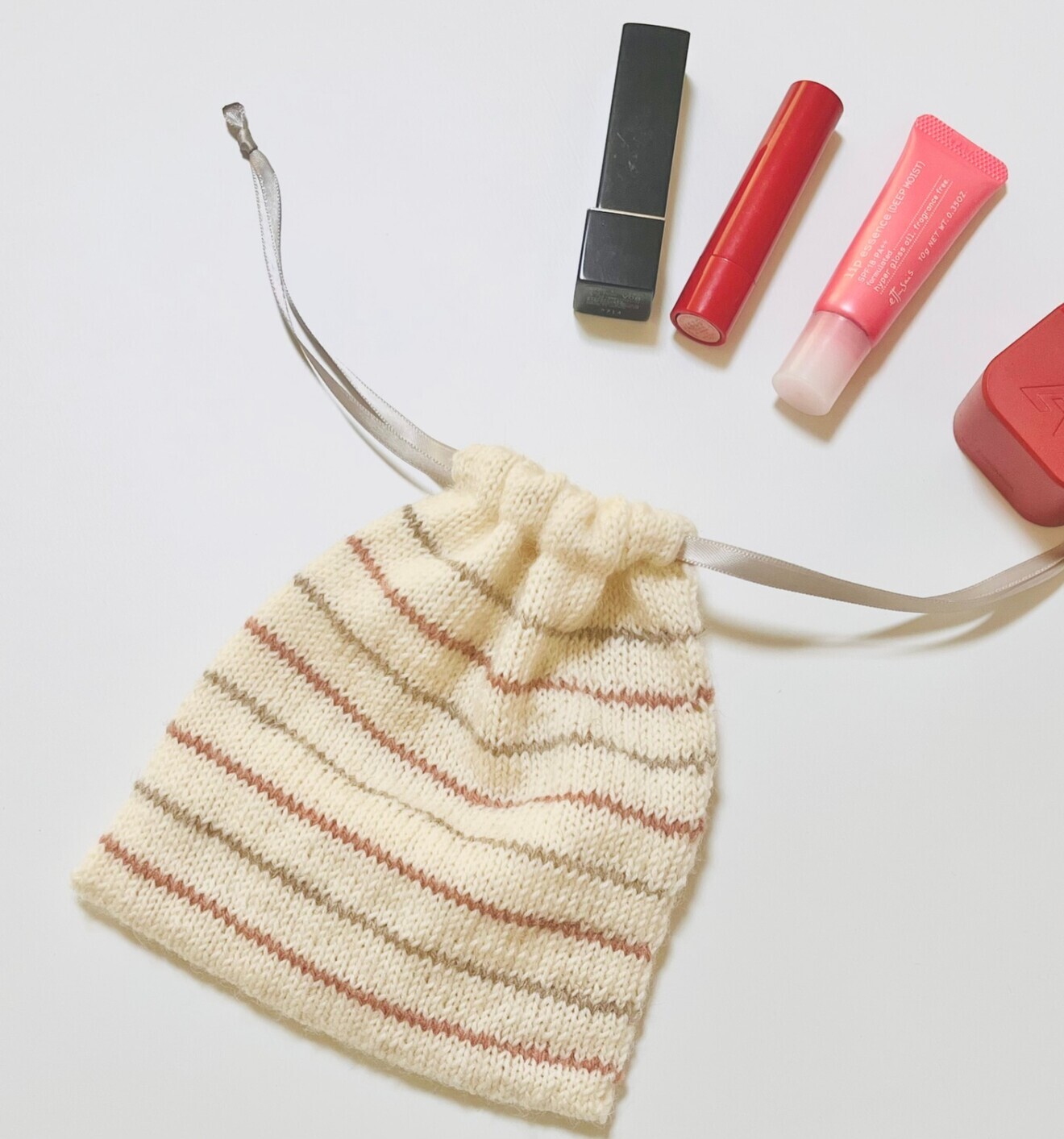 little stripe pouch｜小さな巾着ポーチ【手編み・ウール】