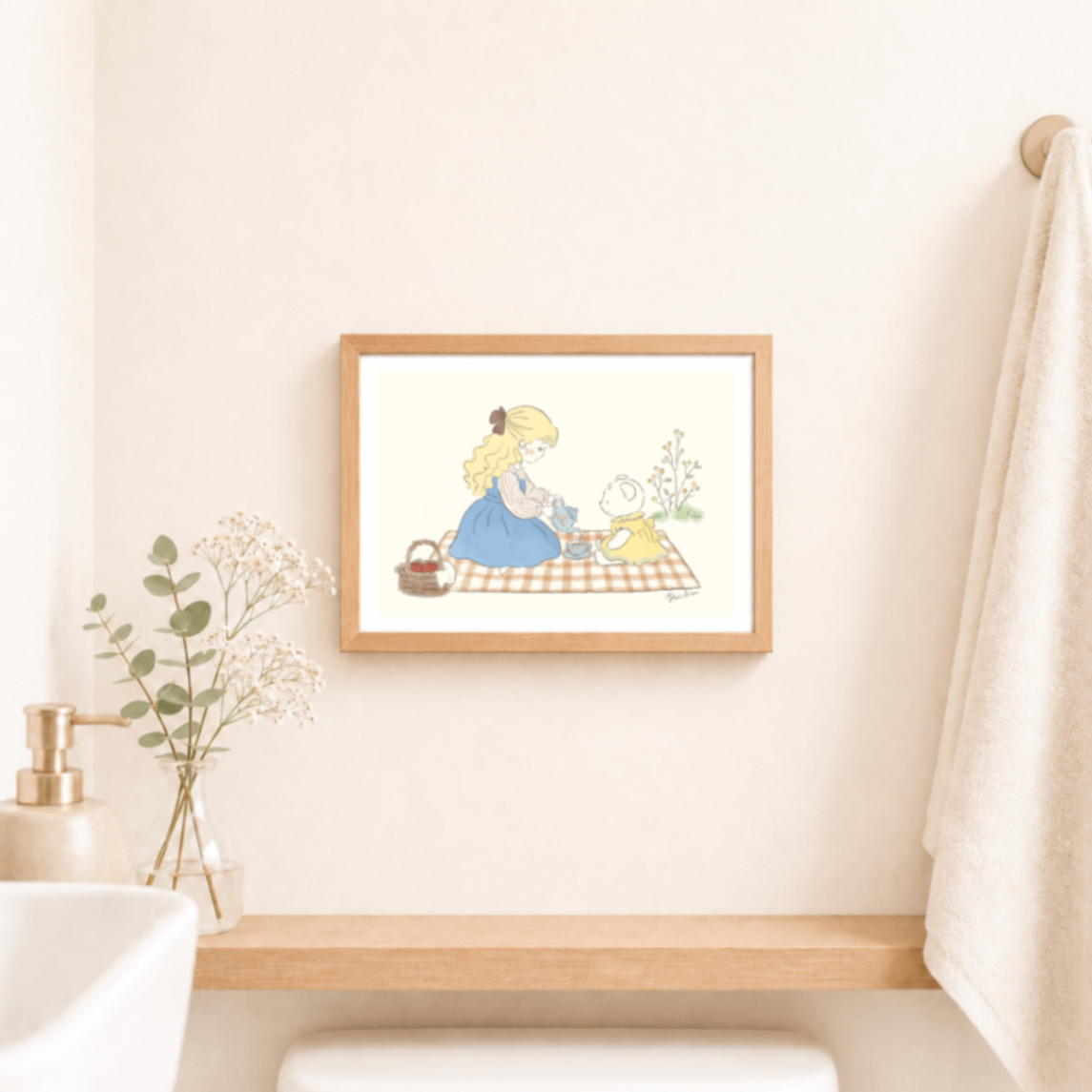 インテリアポスター「お茶会ピクニック」｜北欧 ナチュラル 絵本イラスト 壁掛けアート｜A5・A4