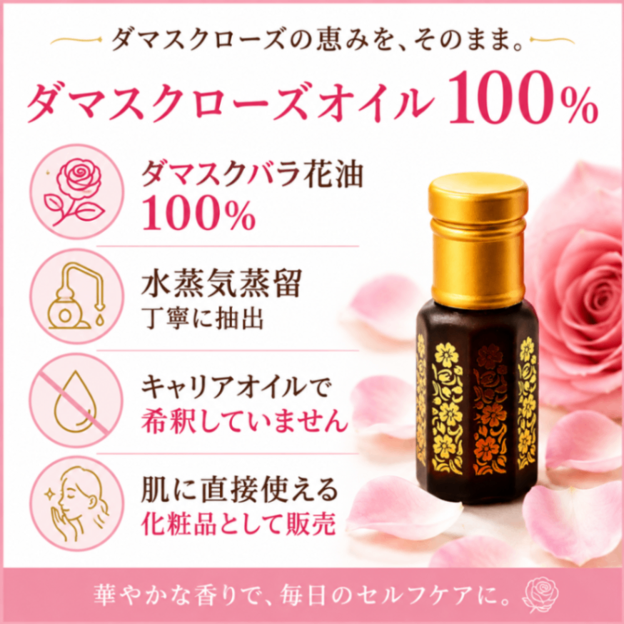 【肌に直接使える化粧品】100％天然 ダマスクローズオイル 6ml｜インド・プシュカル産