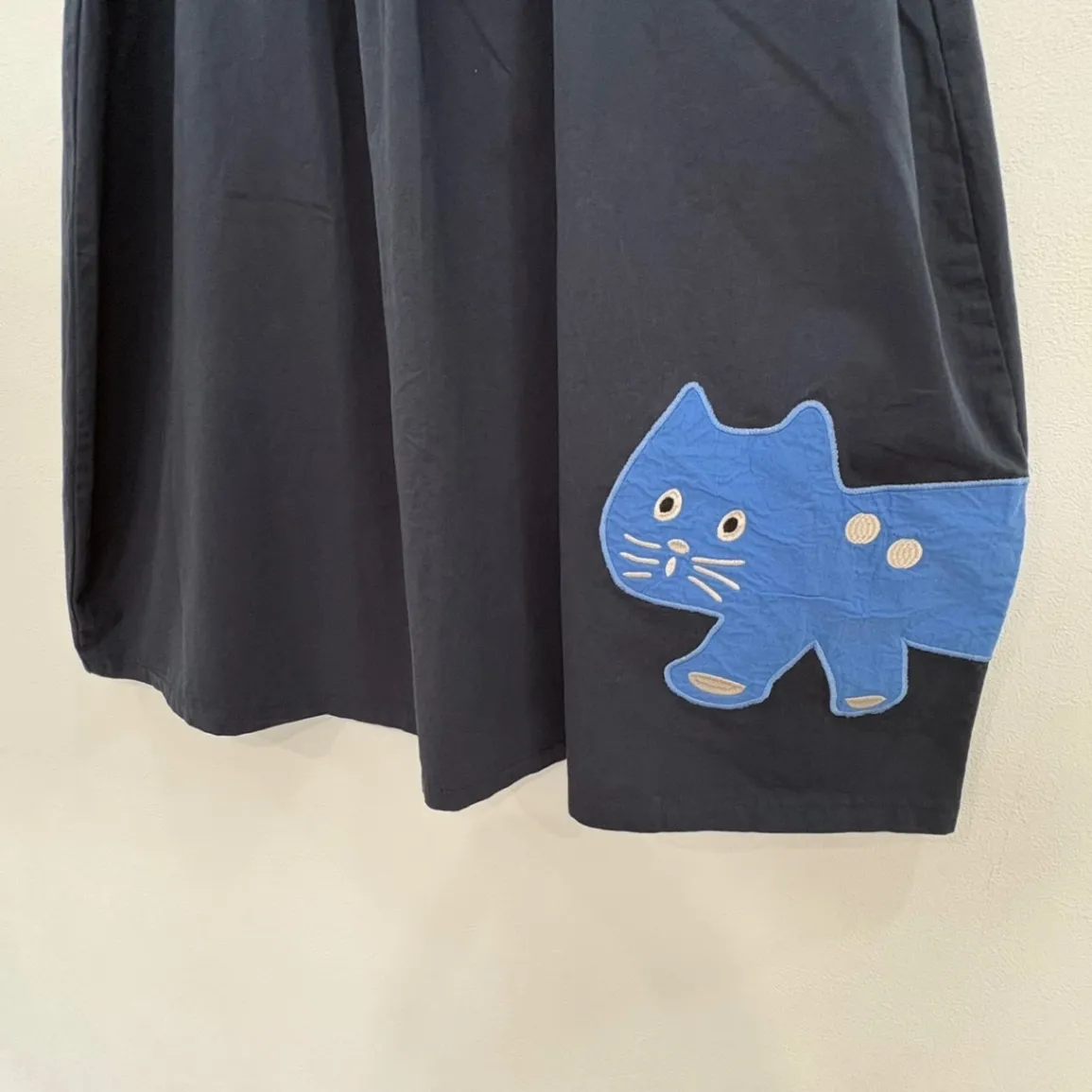 【インパクト大！】猫パッチワーク ウエストゴム スカート ネイビー　フリーサイズ