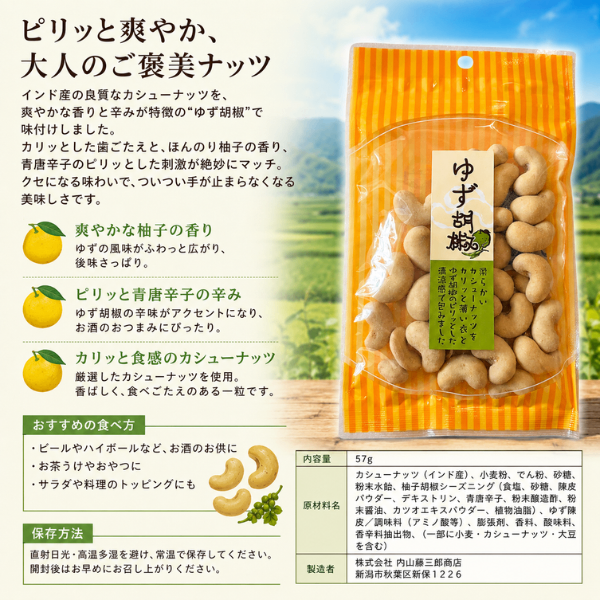 新潟・内藤藤三郎商店 ゆず胡椒 カシューナッツ 57g 老舗豆菓子店