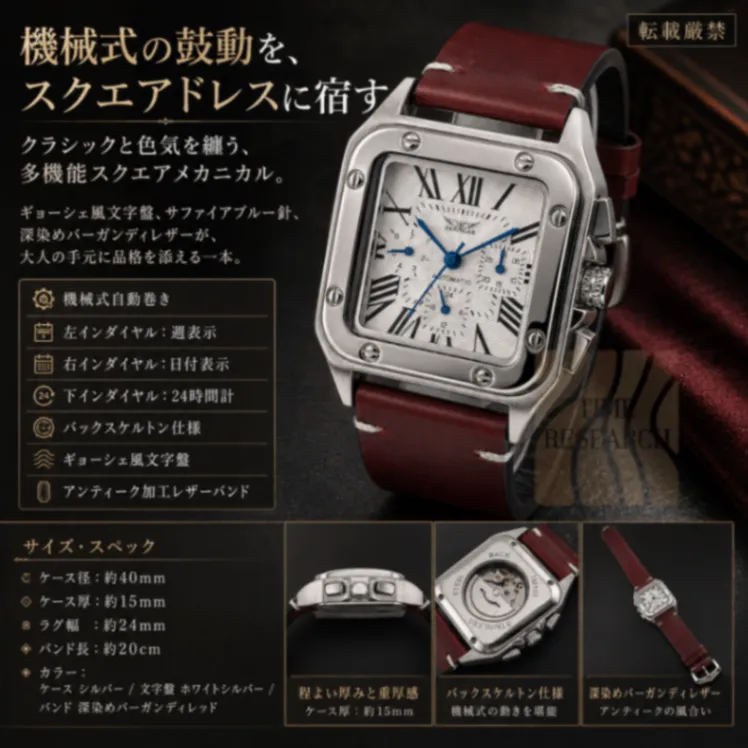 【重厚な機械式多機能スクエアウォッチをドレッシーに装う/新品】裏スケ 弓型尾錠