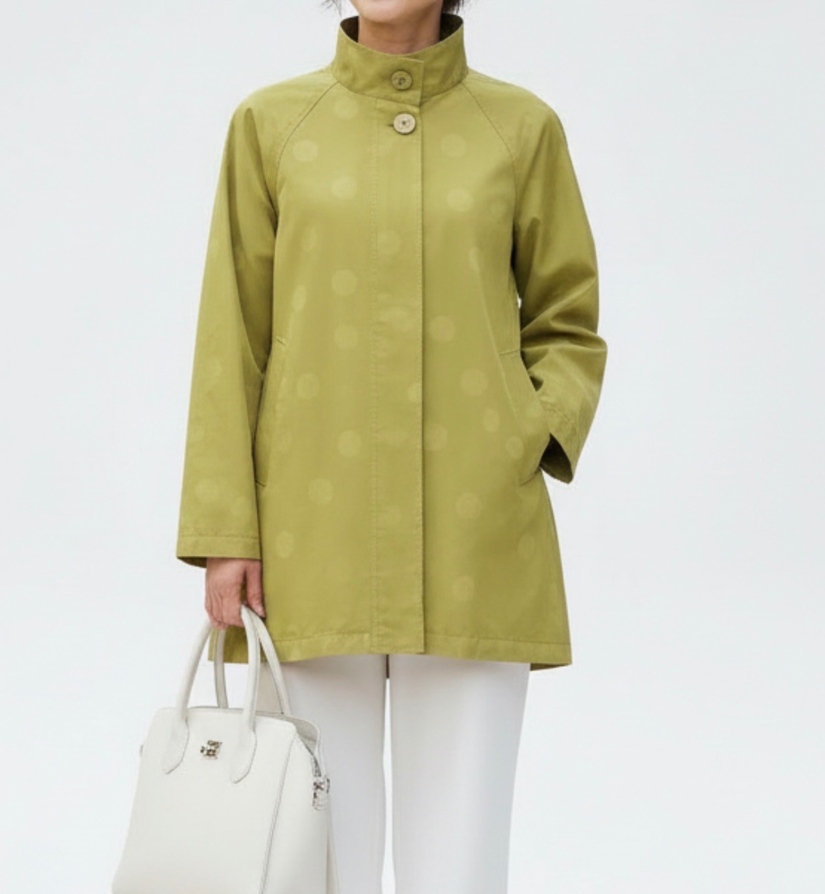 【洗える】大人可愛い ピスタチオグリーン ドット柄 スタンドカラーコート M ゆったり