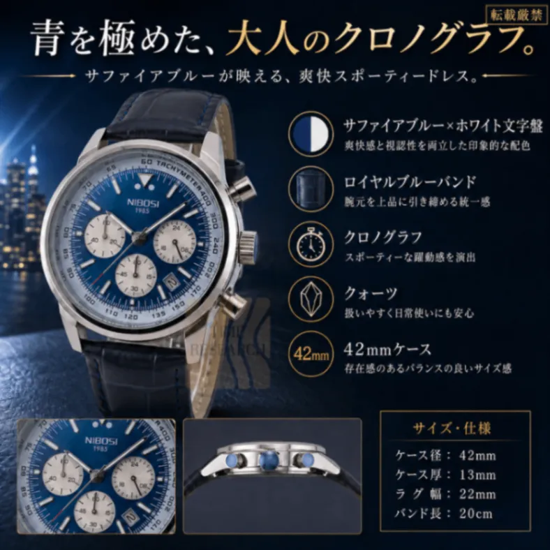極まる「青」【ドレス系クロノグラフ/新品】サファイアブルー×ロイヤルブルー