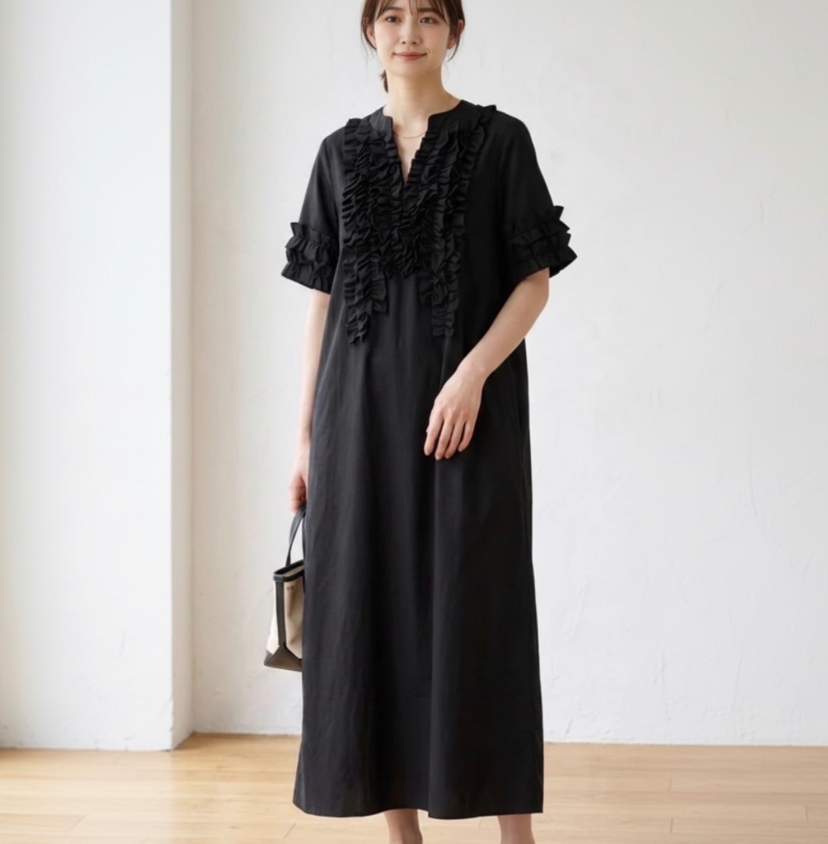 【大人フェミニン♡】ブラックロングワンピース｜ゆったり M〜L キーネック　落ち感あり