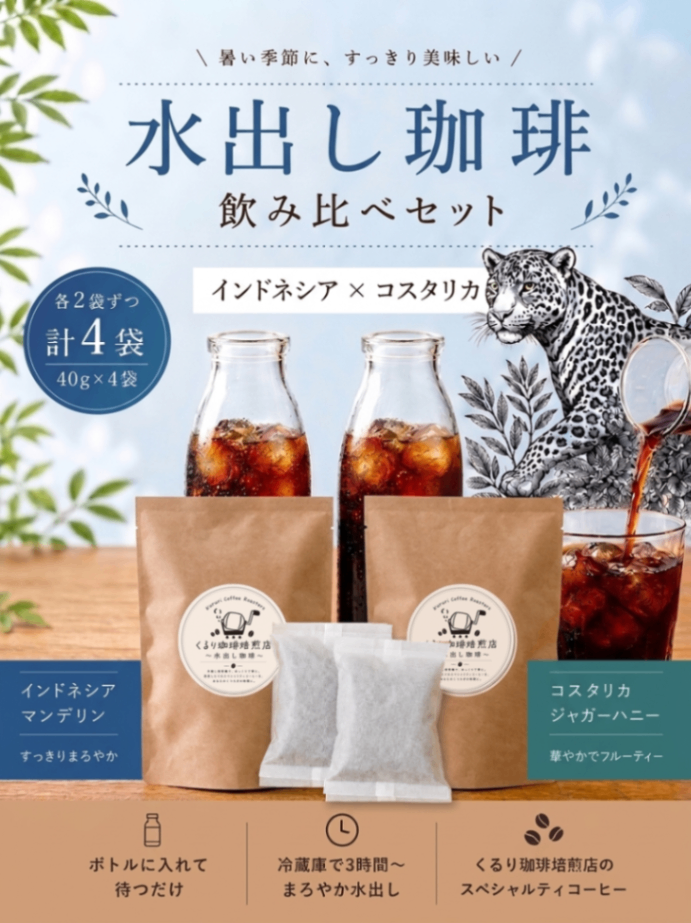 【水出し珈琲 飲み比べセット】コスタリカ × インドネシア 40g×4パック(各40g×2）