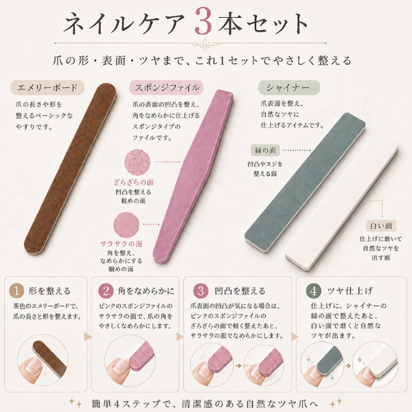 【自宅でネイルケアセット】 ネイルファイル(爪やすり) 3本