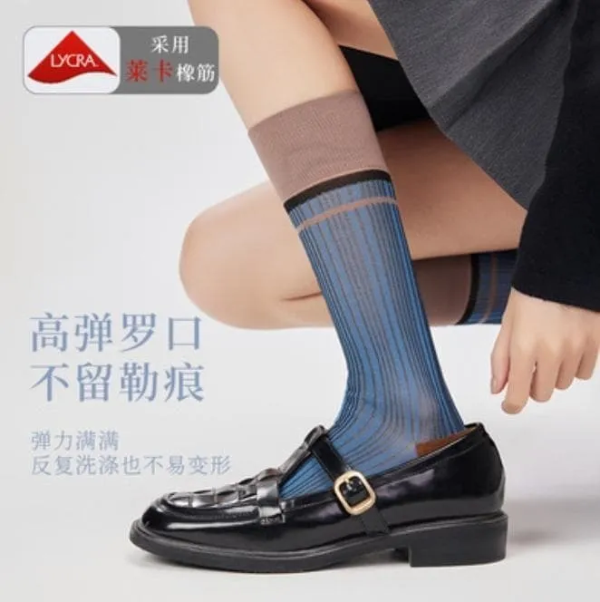 ★セール！新品★靴下 ストライプ 透け感 レトロ 韓国風 大人可愛い 青 no.193