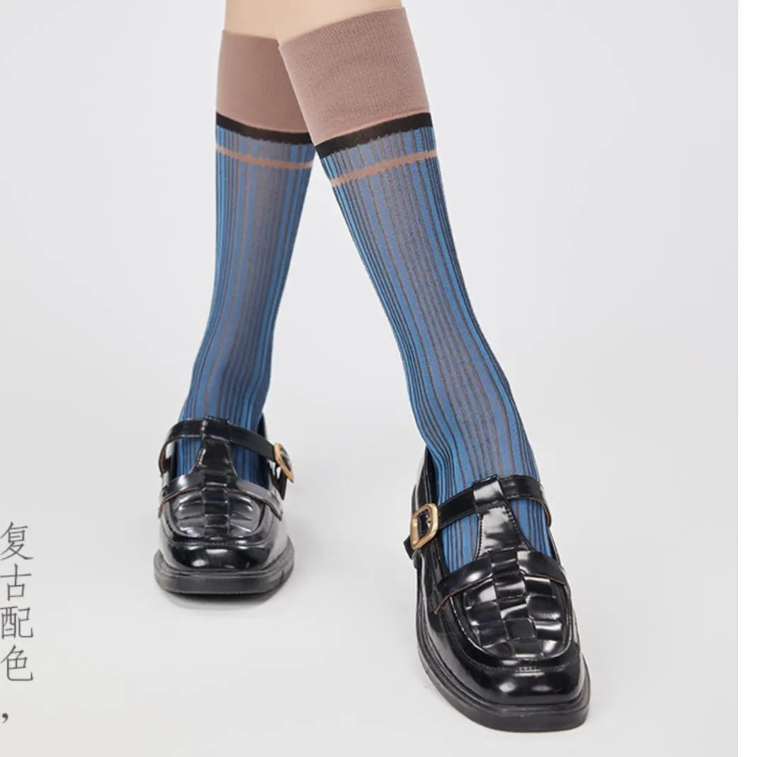 ★セール！新品★靴下 ストライプ 透け感 レトロ 韓国風 大人可愛い 青 no.193