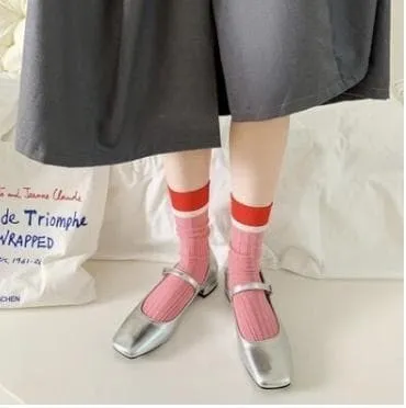 ★セール！新品★ 靴下 リブ ライン入り 赤リブ スクール風 古着風 ピンクno.221
