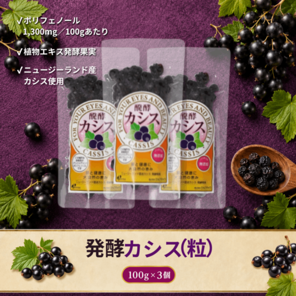 発酵カシス（粒）100g×3袋｜発酵ドライフルーツ｜発酵果実｜おやつ感覚で発酵×ポリフェノール習慣
