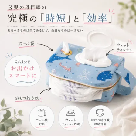【ハンドメイド】おむつ替え3種の神器が全部入るポーチ【マリンフレンズ】ジンベエザメ｜出産祝い