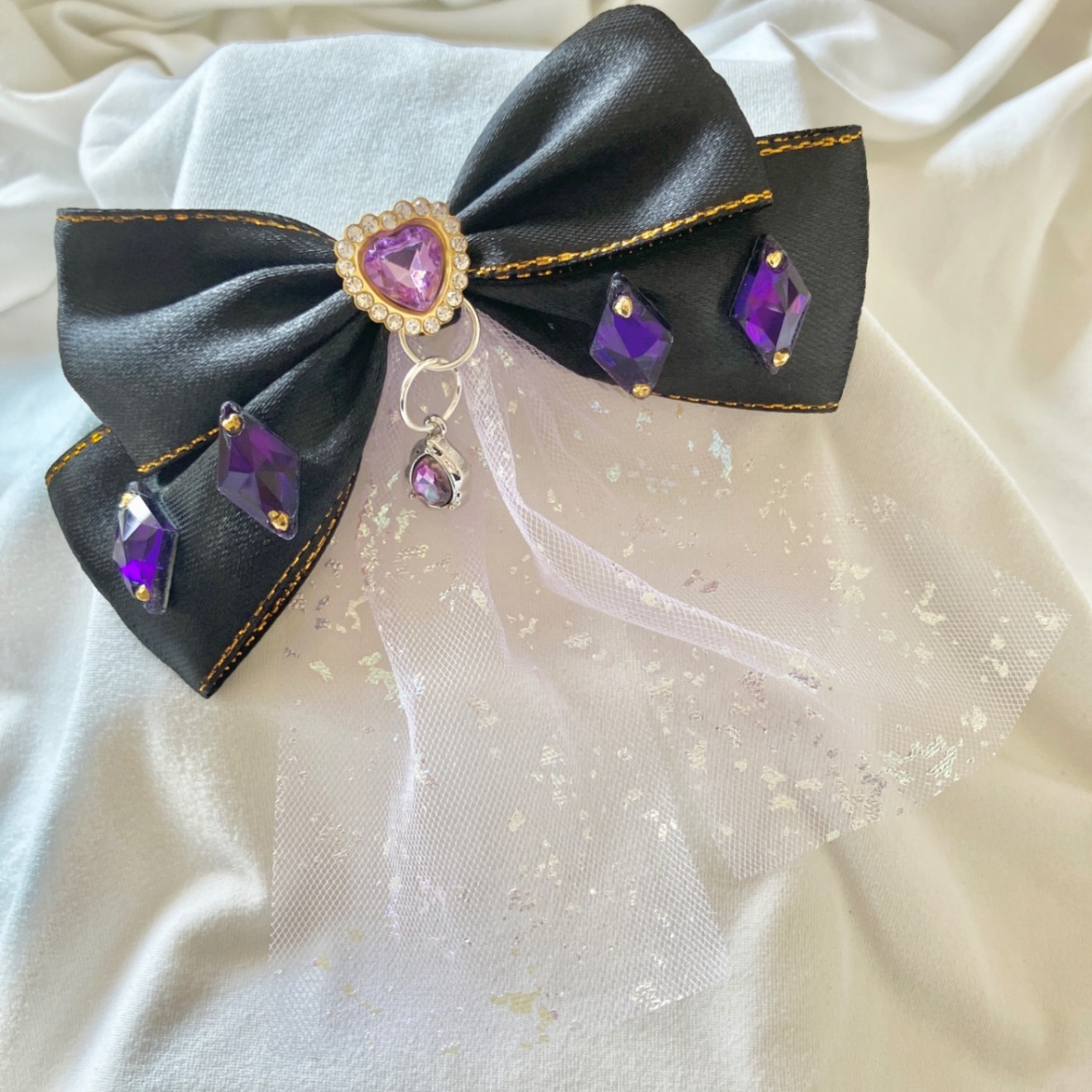 【ハンドメイド】ブラック　チュール　パープル　ヘアクリップ　Mサイズ
