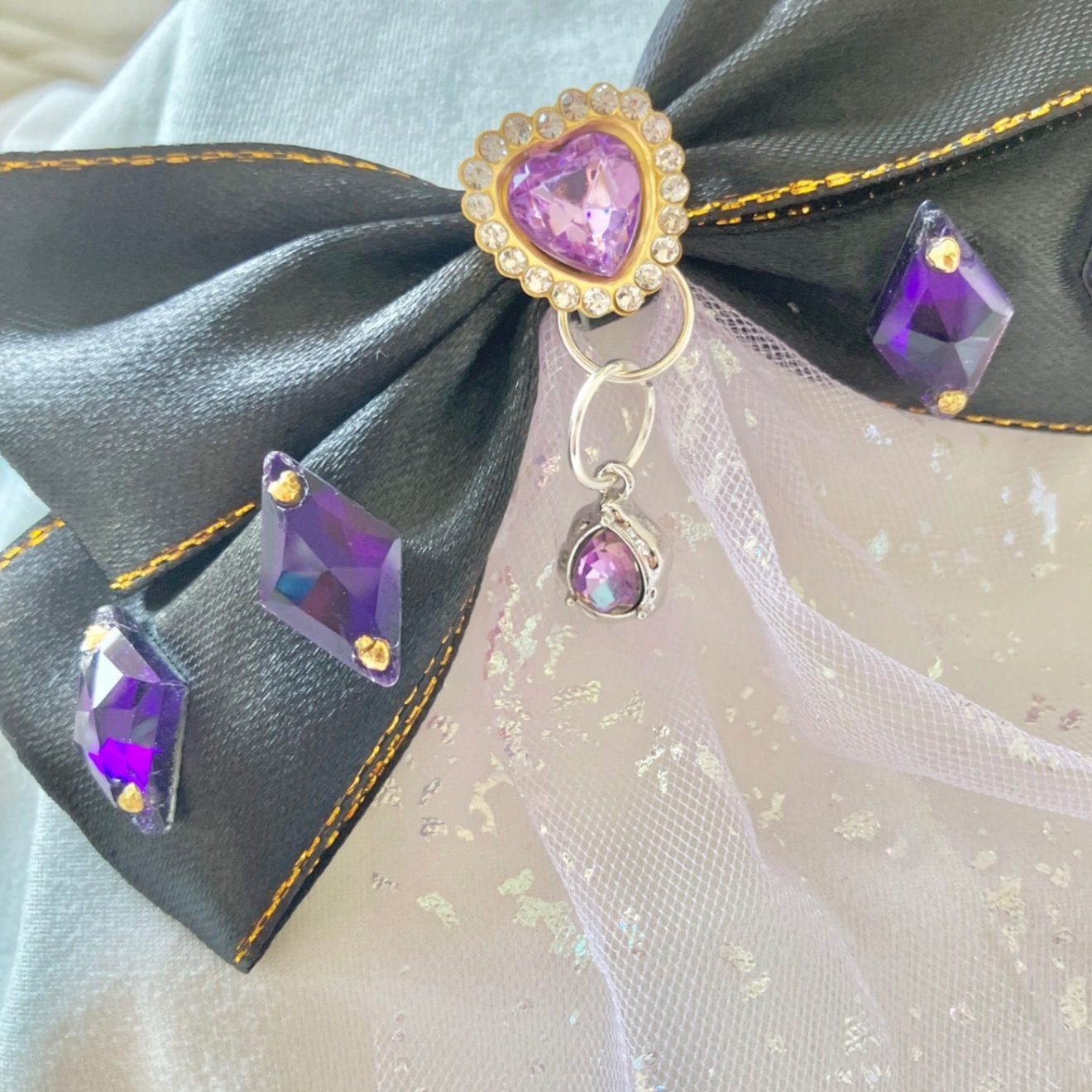 【ハンドメイド】ブラック　チュール　パープル　ヘアクリップ　Mサイズ