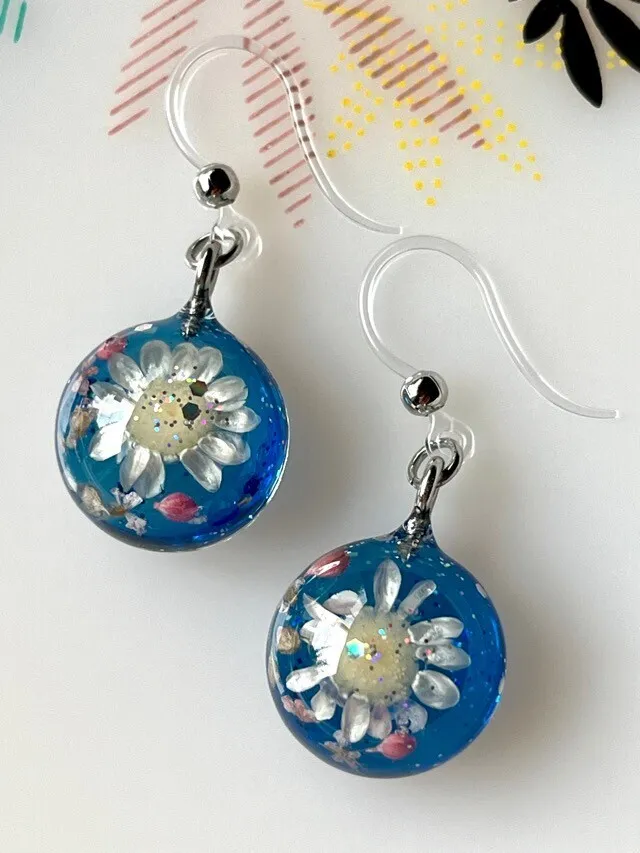 青✖️白花🩵🤍イヤリング／フックピアス【リベポ払い歓迎🎉】