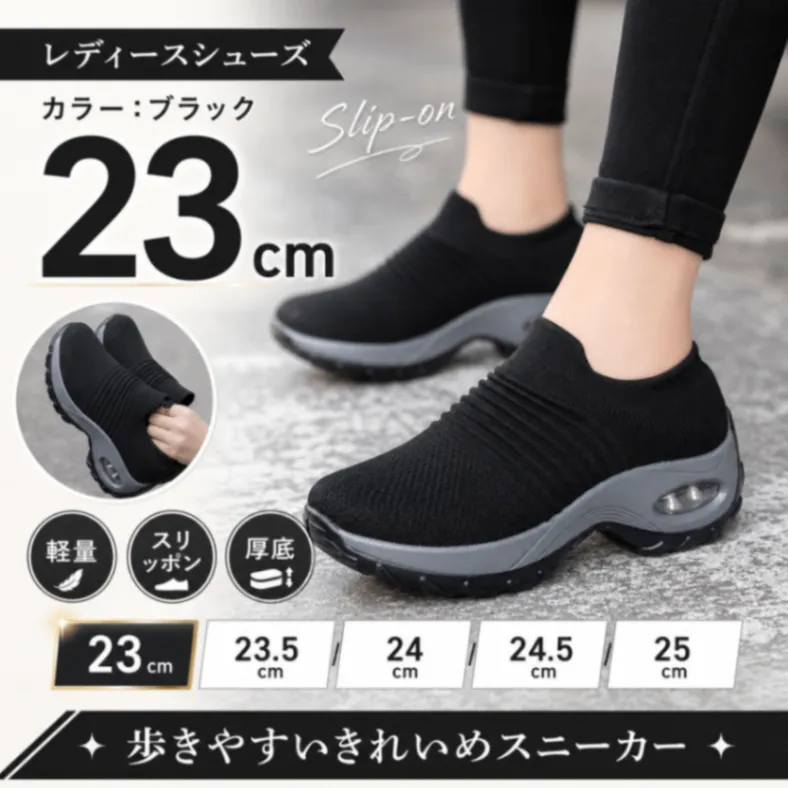 レディースシューズ 23cm スニーカー 黒 厚底 スリッポン 軽量 幅広 歩きやすい 疲れにくい