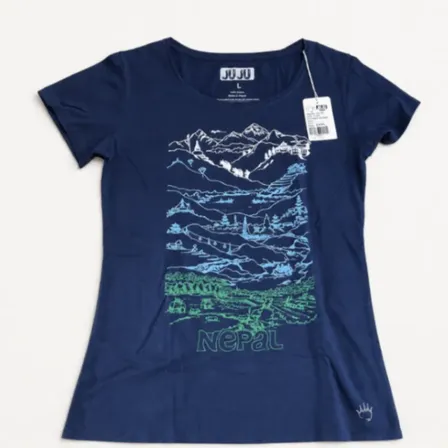 【ネパール製】JUJU Wears レディースTシャツ ネイビー L｜綿100％・ヒマラヤと寺院の絵