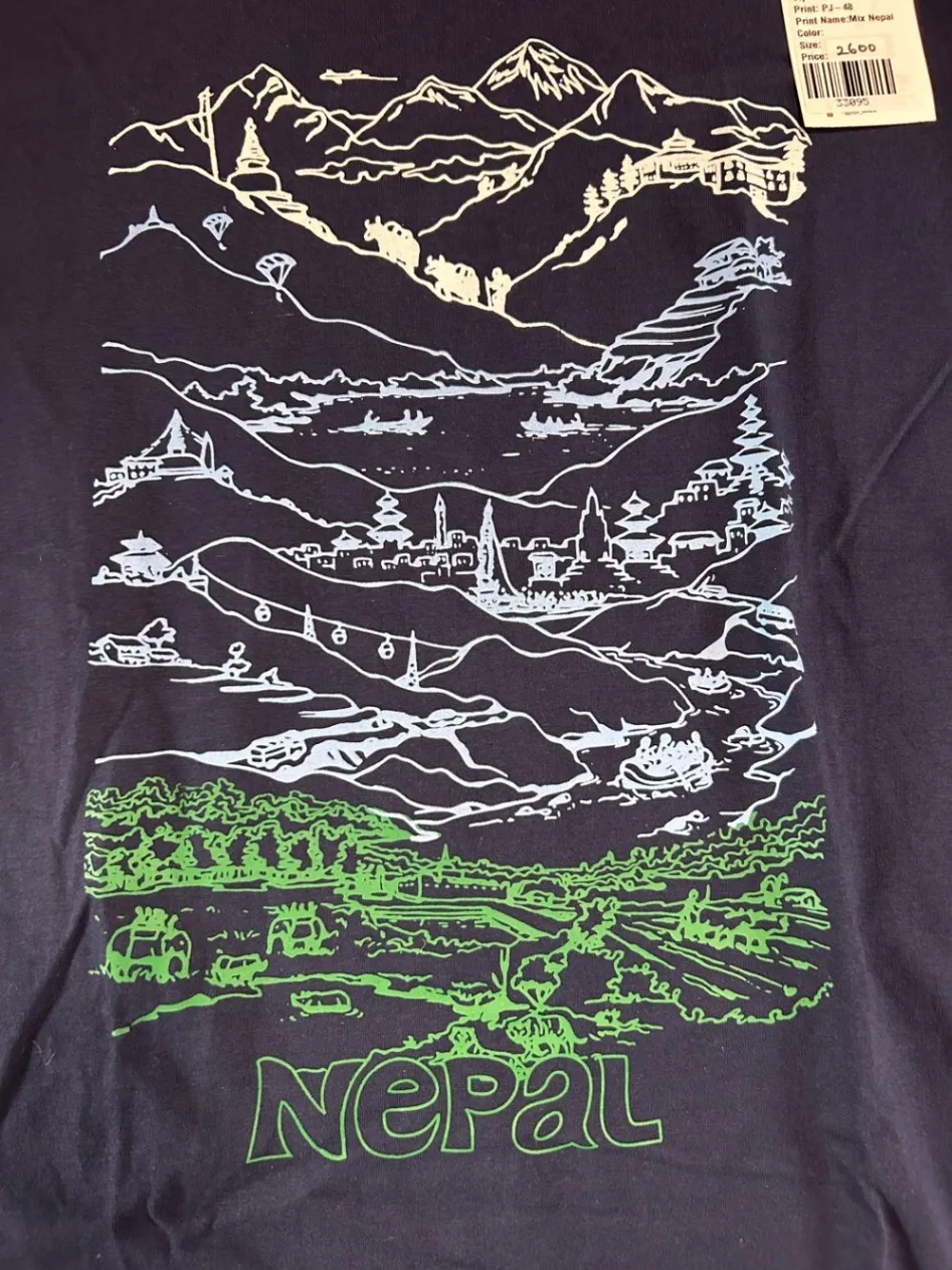 【ネパール製】JUJU Wears レディースTシャツ ネイビー L｜綿100％・ヒマラヤと寺院の絵