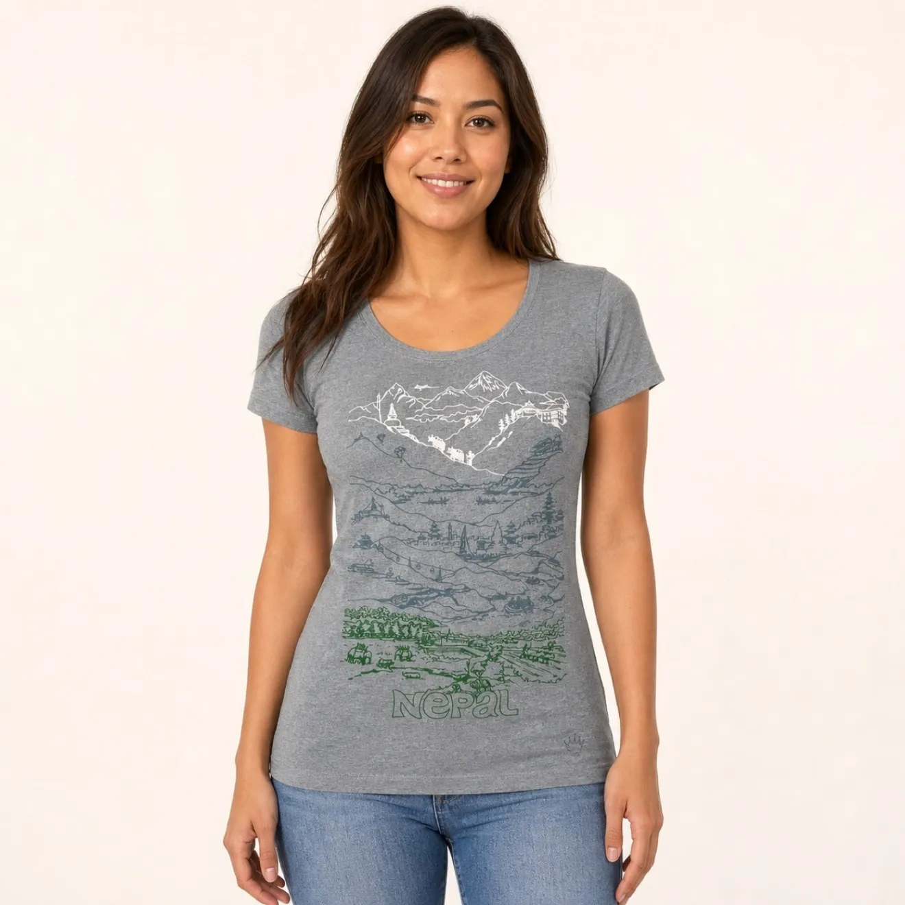 【ネパール製】コットン100％ JUJU レディースTシャツ グレー M