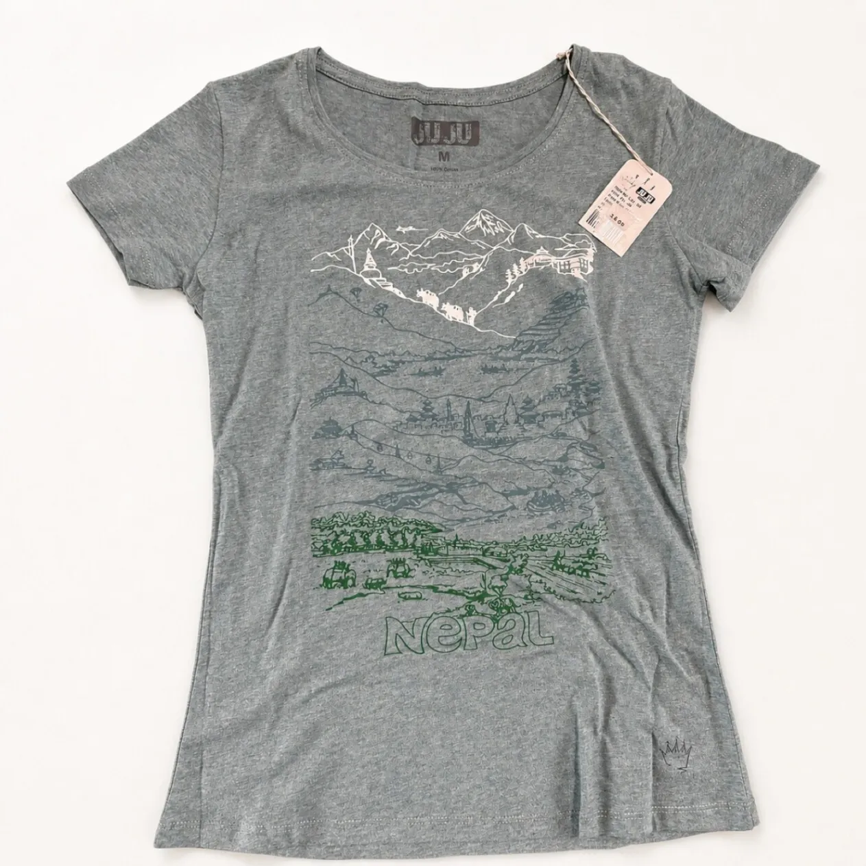 【ネパール製】コットン100％ JUJU レディースTシャツ グレー M