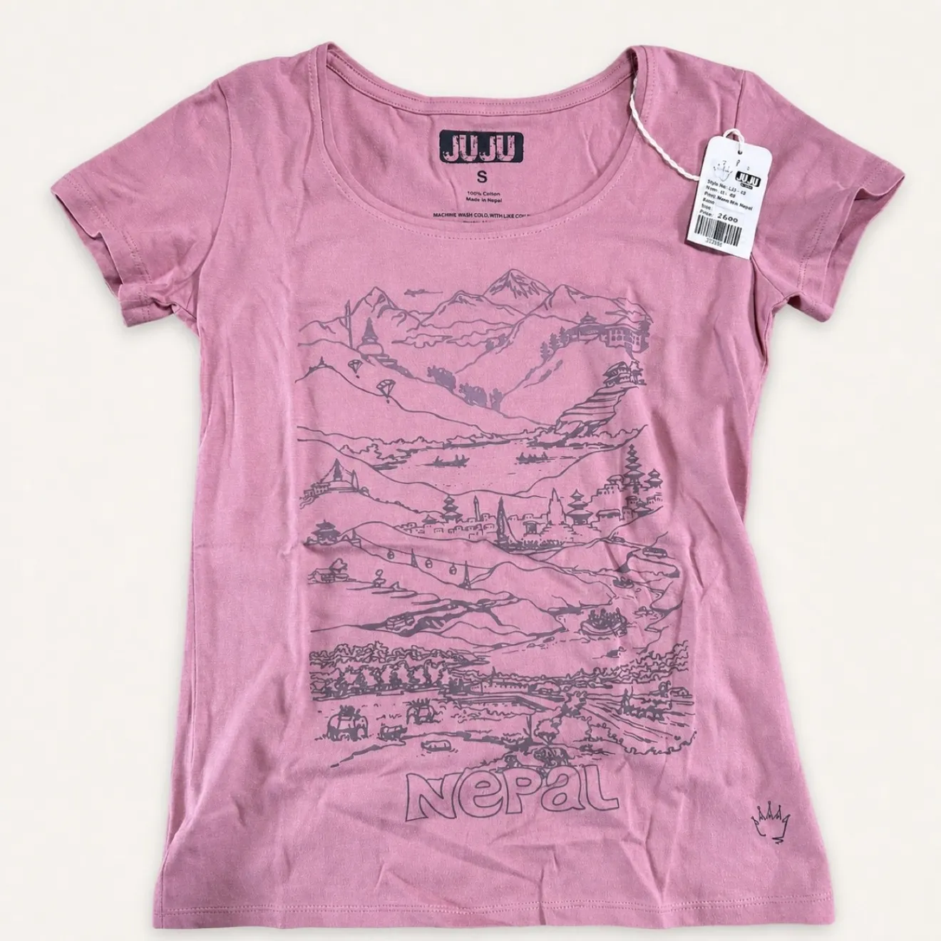 【ネパール製】コットン100％ JUJU レディースTシャツ ピンク S