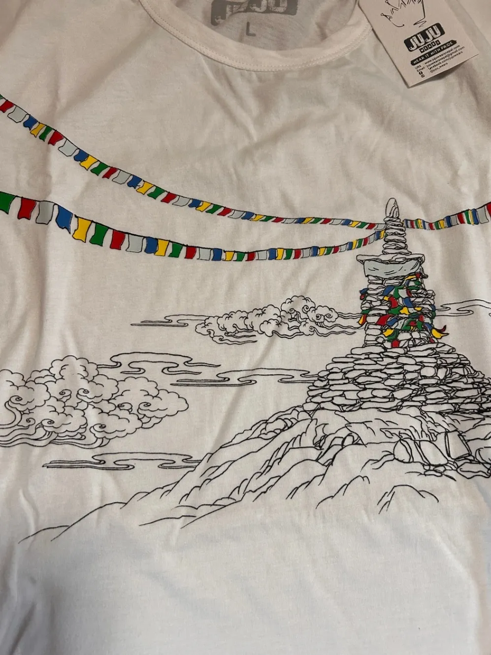【ネパール製】コットン100％ JUJU 男女兼用Tシャツ ホワイト L