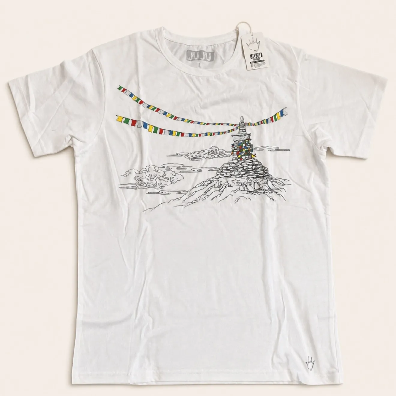 【ネパール製】コットン100％ JUJU 男女兼用Tシャツ ホワイト L