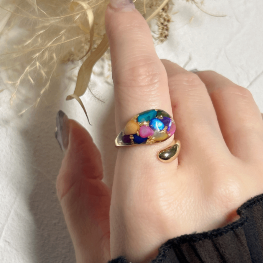 【累計販売数500点突破】7色の貝で描くらせんの指輪｜天然シェル K18GP フリーサイズ リング