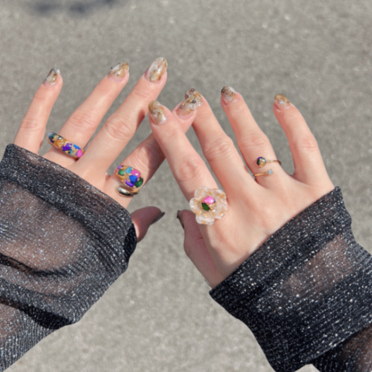 【累計販売数500点突破】7色の貝で描くらせんの指輪｜天然シェル K18GP フリーサイズ リング