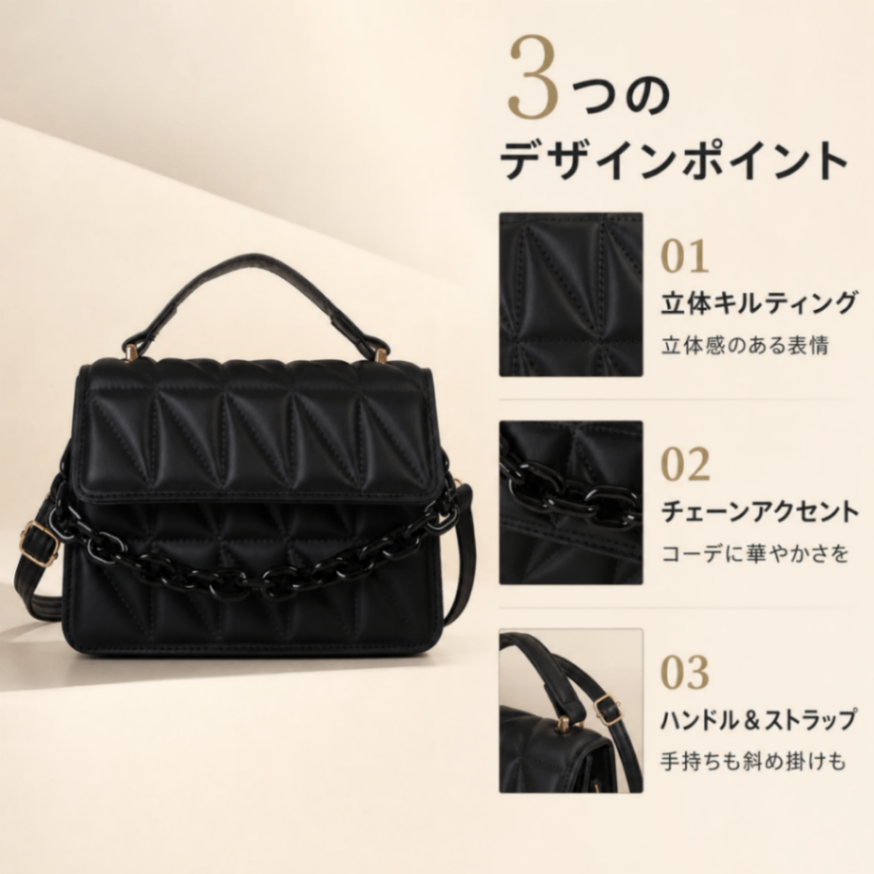 キルティング ショルダーバッグ ブラック 2WAY 斜め掛け 肩掛け チェーン レディース きれいめ