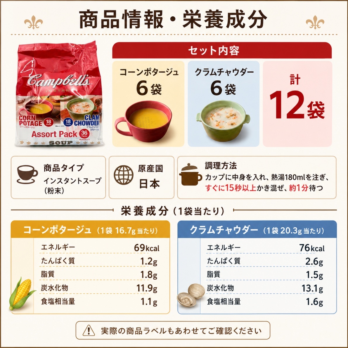 キャンベル インスタントスープ 12袋セット クラムチャウダー コーンポタージュ 各6袋